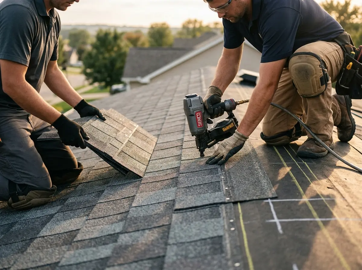 Professional roofer working on a residential roof in Crown Point